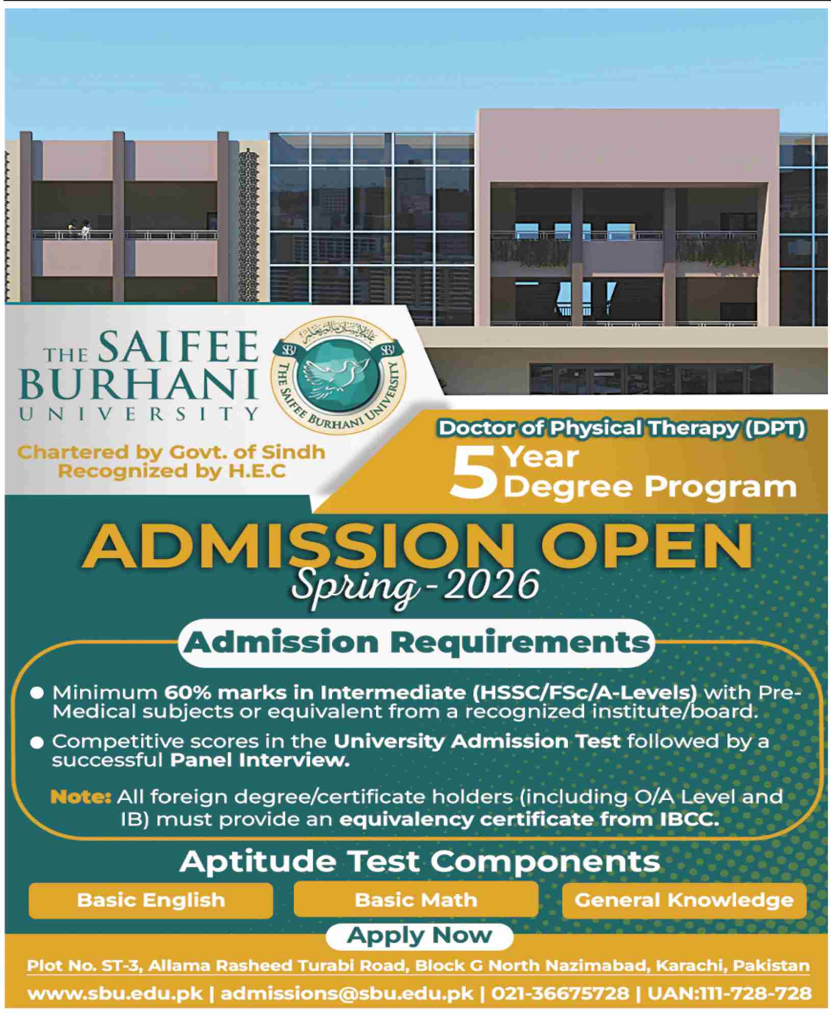Admission Open in The Saifee Burhani University Karachi